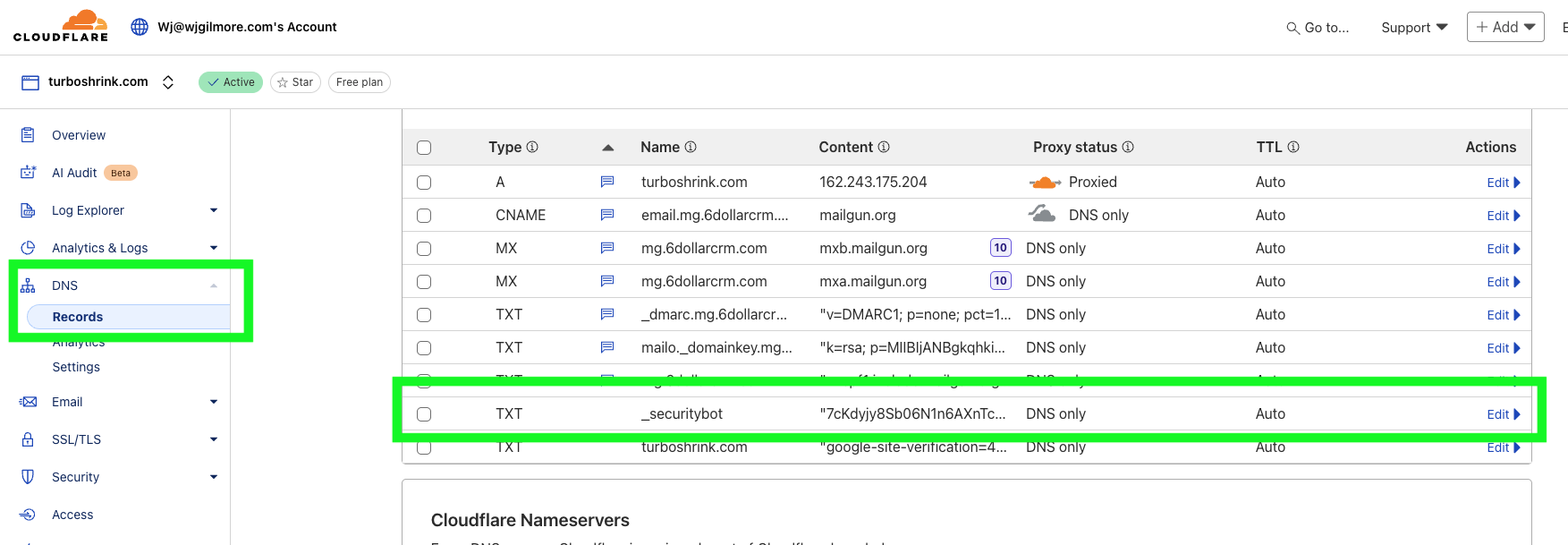 Cloudflare DNS Settings Example